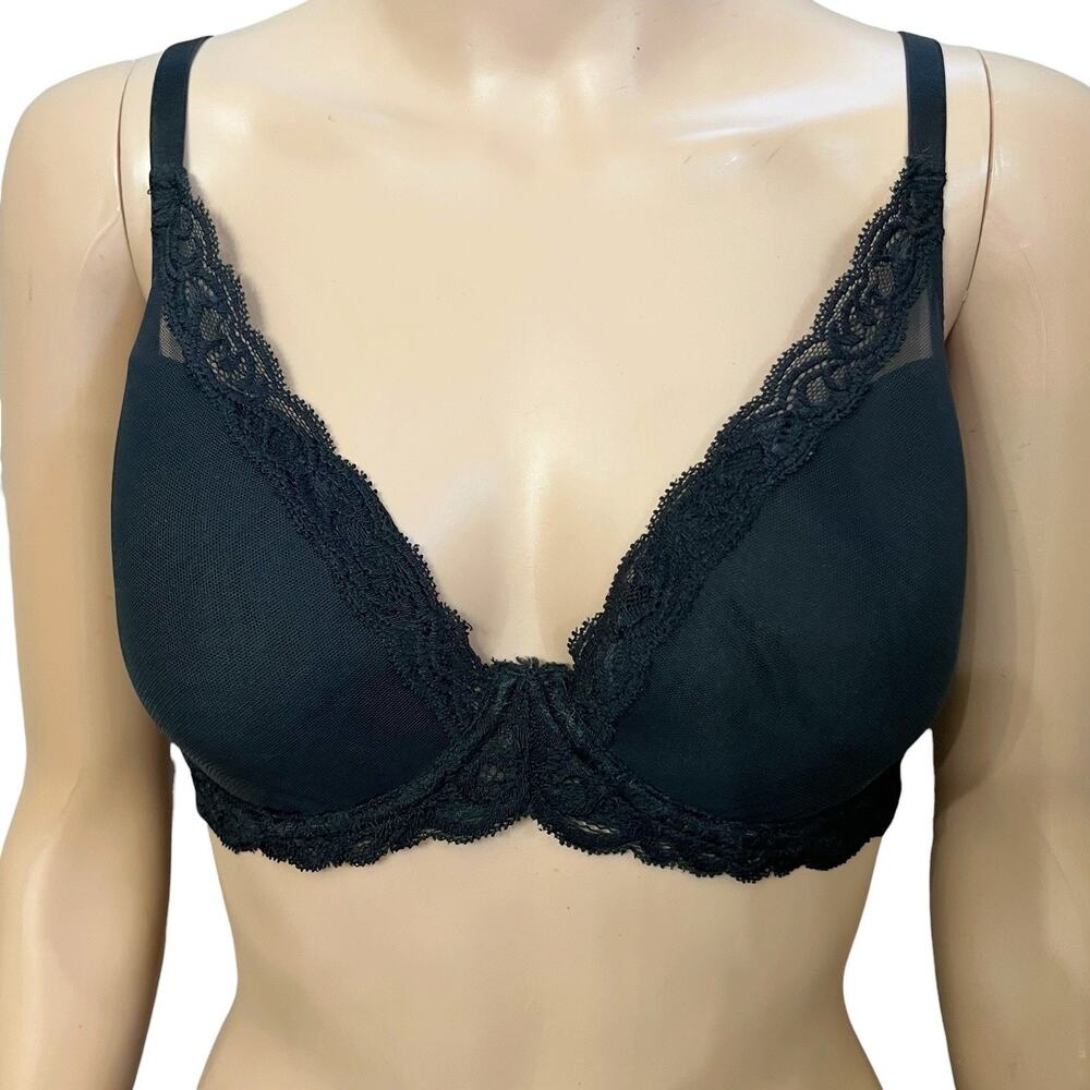 Natori Feathers Contour Plunge Bra 32DDD Black Underwired Lightly Lined Molded